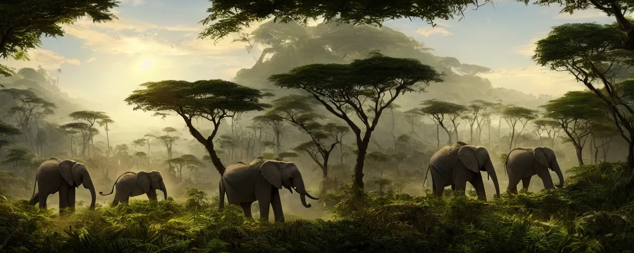 Prompt: African elephants in the jungle, beautiful dynamic lighting, cinematic, wide angle establishing shot, extremely high detail, photo realistic, cinematic lighting, post processed, concept art, artstation, matte painting, style by frederic church, raphael lacoste, unreal engine 8k