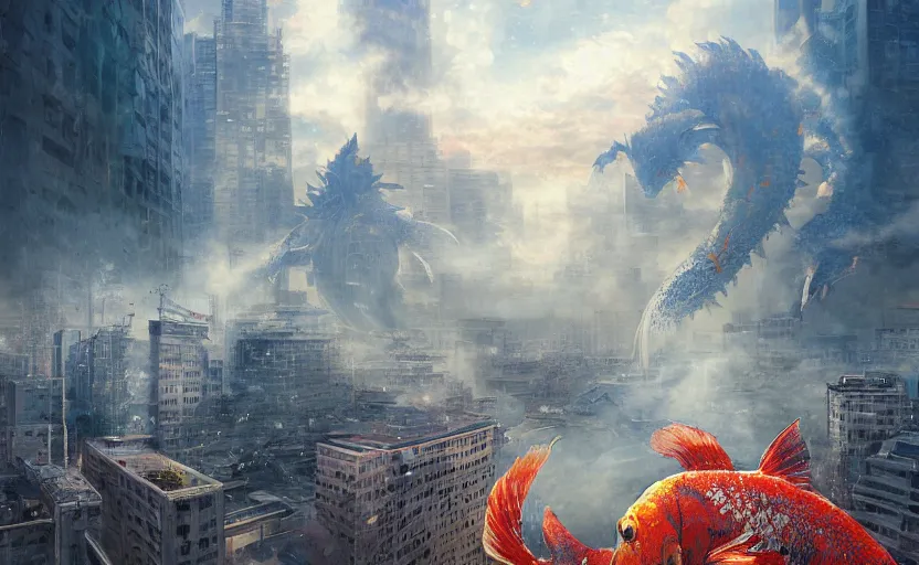 Prompt: a giant koi fish Kaiju smashing through skyscrapers, digital painting, masterpiece, by Ilya Kuvshinov, Hayao Miyazaki, Kentaro Miura, Thomas Kinkade, Greg Rutkowski, gorgeous, beautiful, cinematic, dynamic volumetric lighting, dust clouds and building debris, intense, dramatic