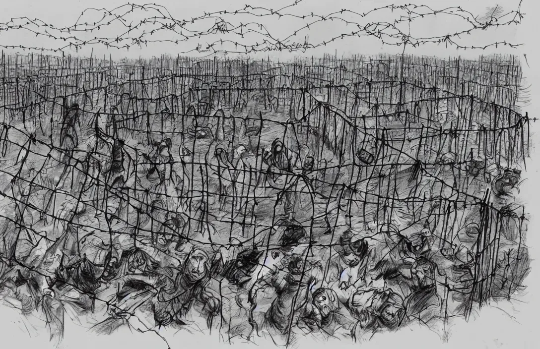 Image similar to milt kahl sketch of zombie apocalypse resistance camp with barbed wire fencing