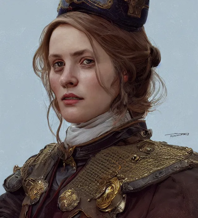 Prompt: portrait of a dutch woman wearing a traditional nineteenth century dutch republic military jacket, metal shoulder pauldrons, intricate, highly detailed, digital painting, artstation, concept art, sharp focus, cinematic lighting, illustration, art by artgerm and greg rutkowski, alphonse mucha, cgsociety