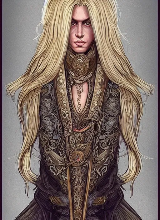 Image similar to beautiful new character concept, d & d, long blond hair, intricate design, symmetry