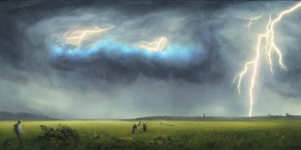 Prompt: a raging storm over a meadow with lightning ripping open an iridescent portal to blue skies behind, illustration, detailed, smooth, soft, warm, by Adolf Lachman, Shaun Tan, Surrealism