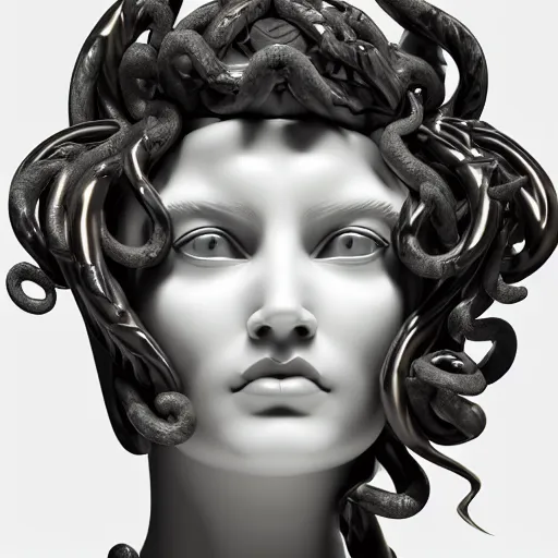 Image similar to smooth white marble statue face of gorgeous medusa gorgo, black onyx details, black and gold wires, hyper realistic render, super detailed, photo quality, octane render, corona render