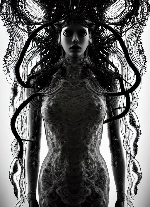 Image similar to surreal mythical dreamy dark artistic black and white fine art photo of a beautiful young female medusa - cyborg covered with translucent algae, highly detailed, intricate crystal ivy jelly fish scales ornate, lace web, poetic, octane render, 8 k, photo - realistic, by man ray