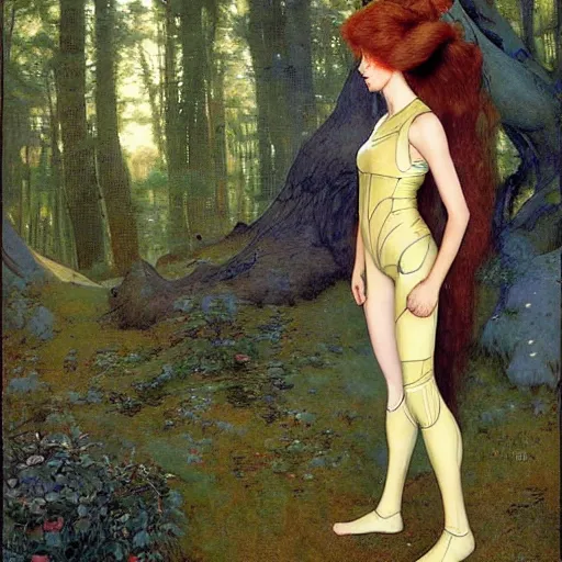 Image similar to beautiful female elf with auburn hair in a feminine spacesuit, aloof in the forest at dusk, by Edgar Maxence and Ross Tran and Michael Whelan and Gustav Klimpt