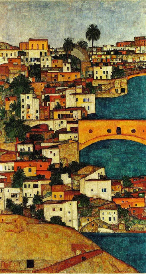 Image similar to small city in south of iran with a bridge on local river and palm trees, painting by egon schiele