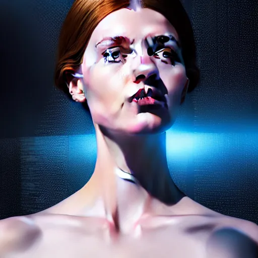 Image similar to hyperrealism photography computer simulation visualisation of parallel universe cgi scene with beautiful highly detailed ukrainian woman by caravaggio wearing neofuturistic neural interface by josan gonzalez - s 1 5 0