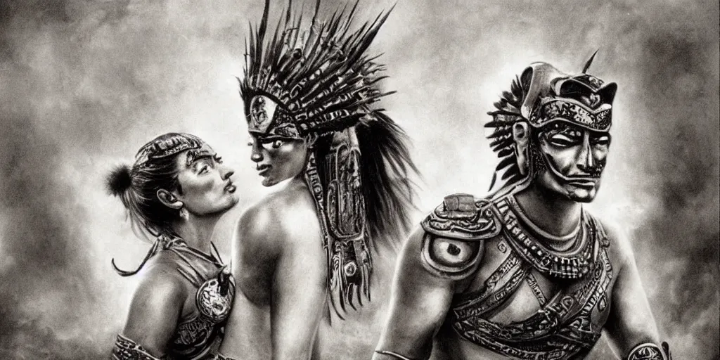 Image similar to movie, beautiful distanced aztec warrior females runs into each other, epic, vintage, black and white, Boris vallejo, sepia, apocalypto