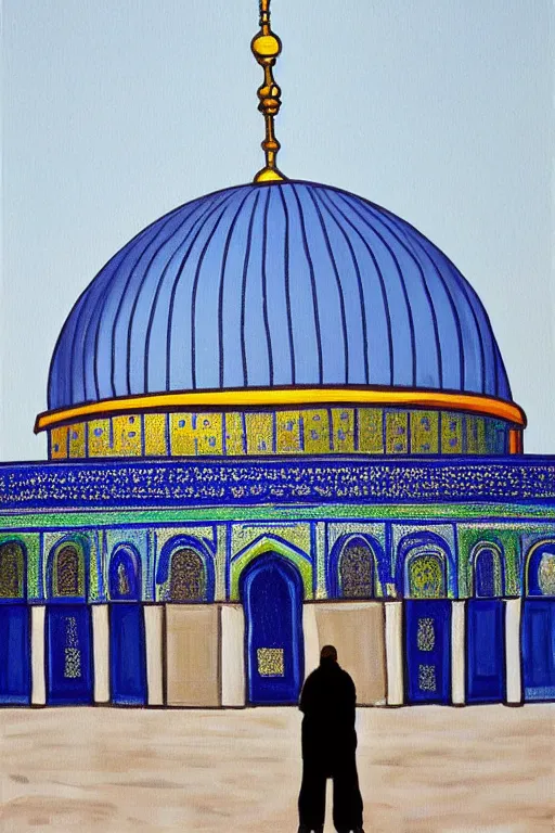 Image similar to a beautiful painting of dome of the rock jerusalem and f a muslim is praying in front of it, trending on artstation