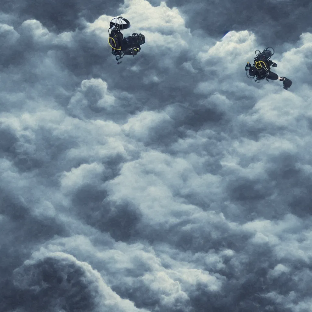 Image similar to a scubadiver floating above the clouds, closeup, digital illustration