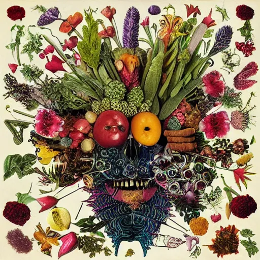 Image similar to katzkab album cover, psychedelic, giuseppe arcimboldo