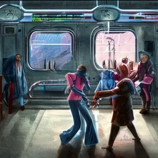 Image similar to fight between grandmas in the train moscow-ryazan, cyberpunk, neon, concept art