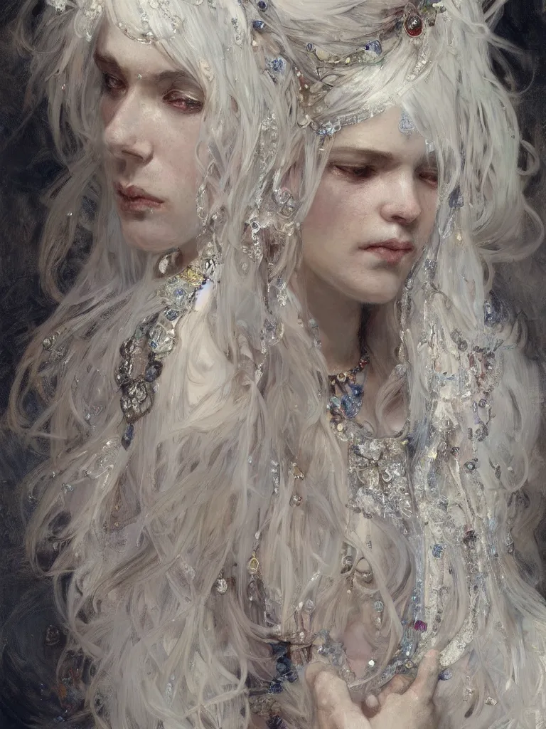 Image similar to a highly detailed beautiful white haired woman, adorned with precious stones, intricate line drawings by jeremy mann and alphonse mucha, 8 k resolution, trending on artstation, very very detailed, masterpiece, stunning,