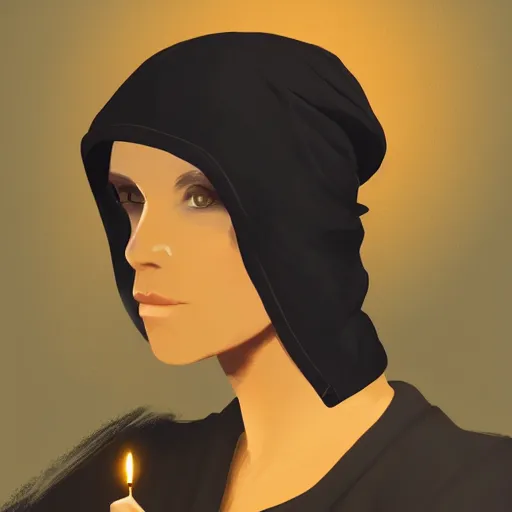 Prompt: an adventurer wearing a black sleeping cap and holding a candle, portrait, d & d, science fiction, concept art, matte, sharp focus, illustration, concept art,