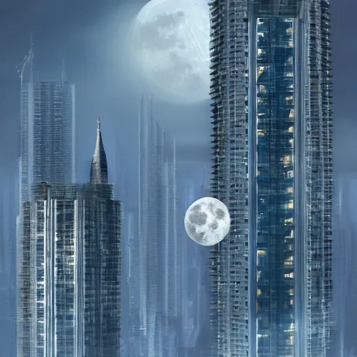 Image similar to russian high - rise buildings, in the style of the futuristic future, the destroyed moon in the sky, photorealism, digital painting, 4 k,