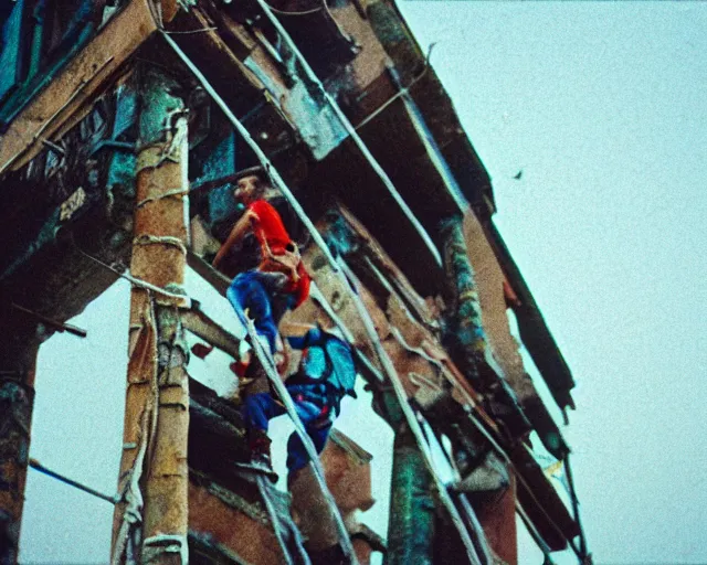 Image similar to lomo photo of roofjumpers climbing on roof of soviet hrushevka, small town, cinestill, bokeh, out of focus