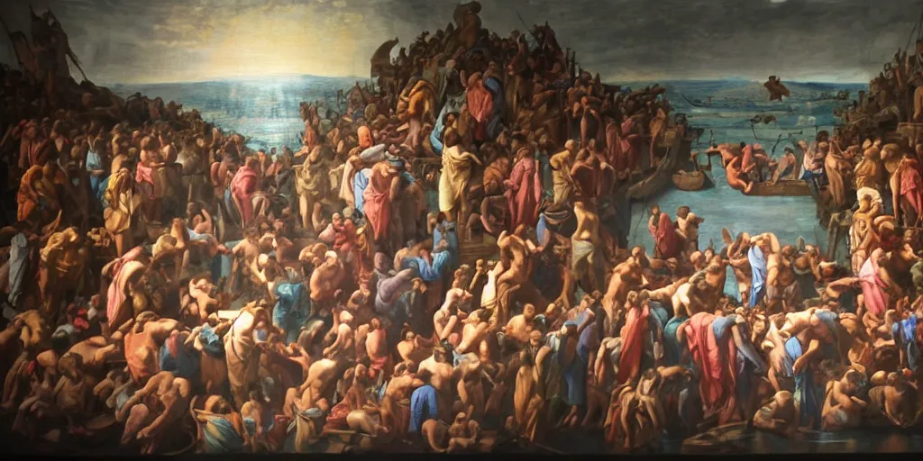 Image similar to a mix between the last supper, the raft of the medusa and the school of athens, matte painting, oil canvas, photorealistic illustration, extreme detail, hyper realistic, highly detailed, digital art
