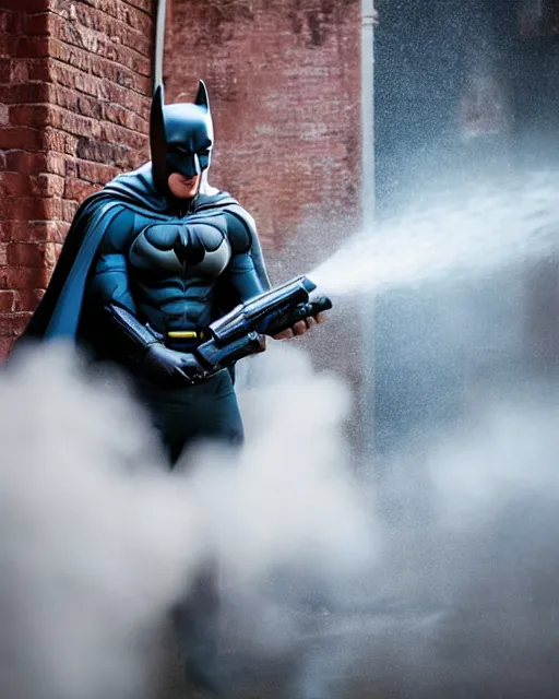 Image similar to happy batman firing super soaker water gun in an alleyway, everyone having fun, toy product advertisement, photography