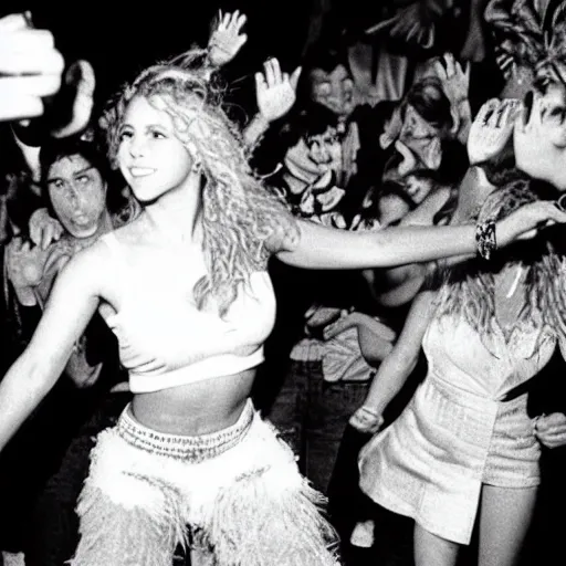 Prompt: Shakira dancing the cookie monster dance, in a nightclub, 1990 photograph