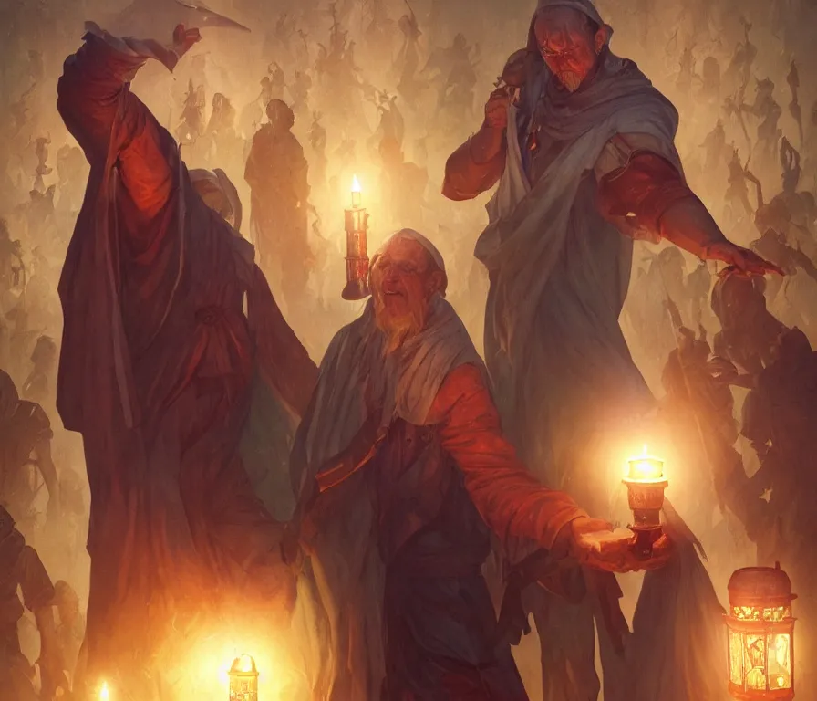 Image similar to male senior cleric holding a lantern surrounded by zombies, highly detailed, digital painting, artstation, concept art, smooth, sharp focus, illustration, art by artgerm and greg rutkowski and alphonse mucha and andrei riabovitchev