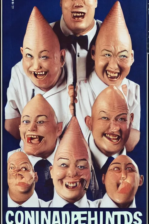 Image similar to coneheads, japanese vhs cover art, detailed facial expressions