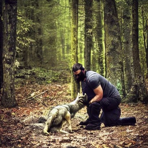 Image similar to werecreature consisting of! human and wolf, profressional photograph captured in a forest