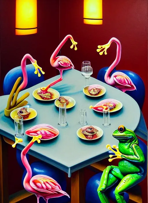 Image similar to hyper realistic detailed painting of a frog criminal family in japanese clothes in an old italian restaurant eating roasted flamingos and drinking neon blue wine by Bel Fullana, Tony Matelli, Rhys Lee, Storm Thorgerson, and Danny Fox, neo expressionism art, semi naive, rich deep colors. Allison Schulnik painting, part by Adrian Ghenie and Gottfried Helnwein. art by Ron Mueck. masterpiece