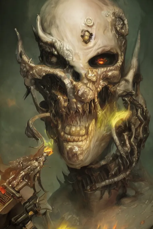 Prompt: face closeup covered of a ghoul necromancer, damned soul, hellfire, diamonds, jewels, 3 d render, hyper - realistic detailed portrait, holding fire and electricity rainbow, ruan jia, wlop. scifi, fantasy, magic the gathering, hyper detailed, concept art, peter mohrbacher