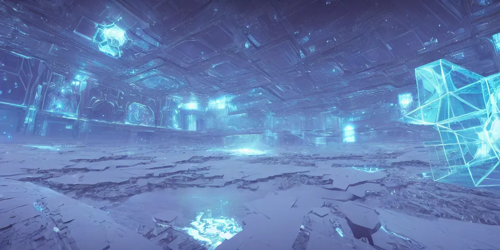 Image similar to cinematic still of the great hypercube, futuristic holography!! elven city, galactic nebula, desolate, ice, river, snow:: by beeple and James Gilleard and Justin Gerard :: ornate, dynamic, particulate, intricate, elegant, highly detailed, centered, artstation, smooth, sharp focus, octane render, nvidia raytracing demo, masterpiece