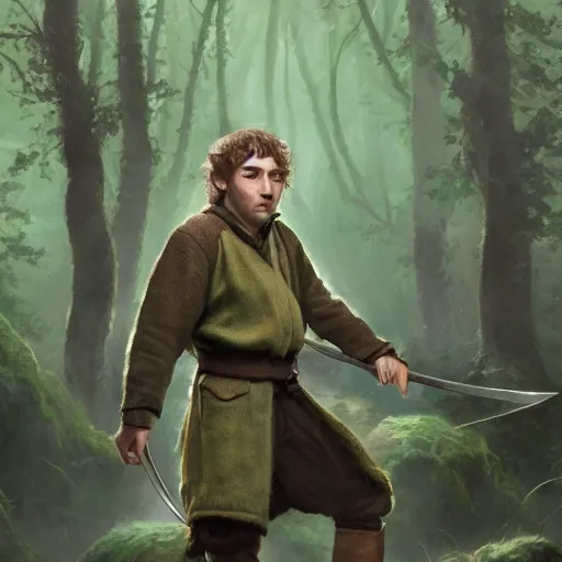 Image similar to a portrait of a handsome hobbit rogue wearing a dark green hood and a cloak in the forest, wearing adventure gear, holding a sword, ultra realistic, detailed, masterpiece, short brown hair, clean shaven, by Tony Sart and Randy Vargas and Greg Rutkowski, trending on ArtStation