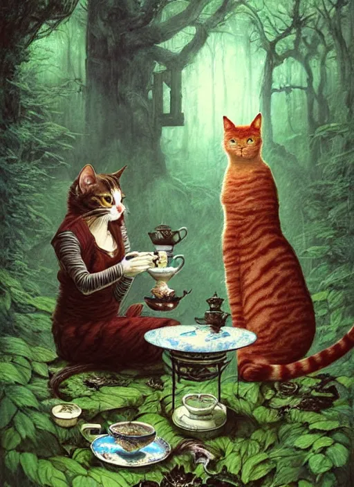 Image similar to cat having tea with a sorceress at a shrine in the woods by a stream, river gorgeous lighting, lush forest foliage blue sky a hyper realistic painting by chiara bautista and beksinski and norman rockwell and greg rutkowski weta studio, and lucasfilm