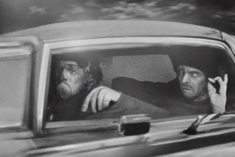 Image similar to movie scene, hofman waiting outside a house in his car, night, silenced pistol, by emmanuel lubezki