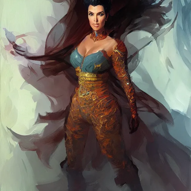 Image similar to Kim Kardashain as a firebender, portrait, elegant, intricate, digital painting, artstation, concept art, smooth, sharp focus, illustration, art by konstantin korovin and Daniel F. Gerhartz and john howe