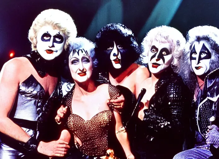 Prompt: publicity photo still of bea arthur with kiss makeup on in a death metal band playing live on stage, 8 k, live concert lighting, mid shot