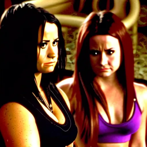 Image similar to close-up of Demi Lovato as Piper Halliwell and Selena Gomez as Phoebe Halliwell and Ariana Grande as Prue Halliwell in a Charmed movie directed by Christopher Nolan, movie still frame, promotional image, imax 35 mm footage