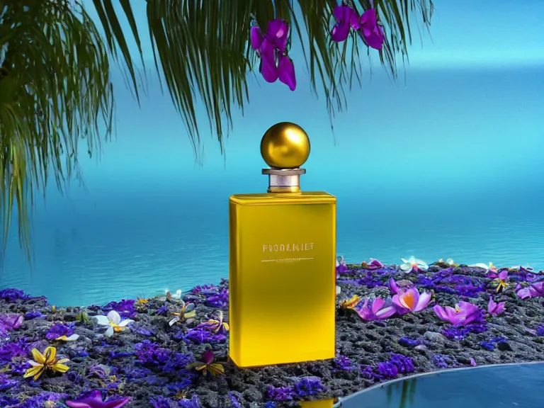 Image similar to perfume bottle standing in a desert oasis in deep blue pond water surrounded by tropical flowers by zaha hadid ; octane highly render, 4 k, ultra hd, 2 0 0 mm, mute dramatic colours, soft blur outdoor stormy sea background, up close shot, sharp focus, global illumination, irakli nadar