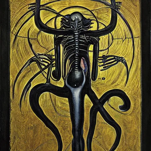 Image similar to a painting of the caduceus by h. r. giger