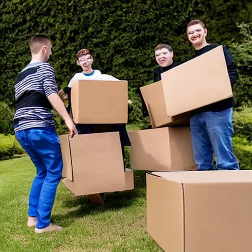 Prompt: 5 young disabled people with downsyndrome moving, they carry cardboard boxes