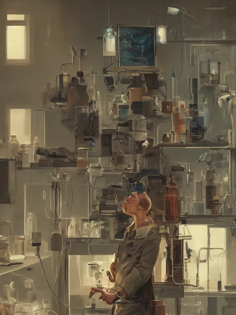 Prompt: a portrait of a criminal in the laboratory in a painting from stalenhag, 4 k, 8 k, hdr, artstation, concept art