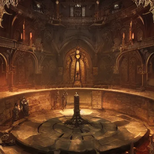 Image similar to ultra realistic illustration,, hell torture chamber interior from diablo and baldurs gate, intricate, elegant, highly detailed, digital painting, artstation, concept art, smooth, sharp focus, illustration, art by artgerm and greg rutkowski and alphonse mucha