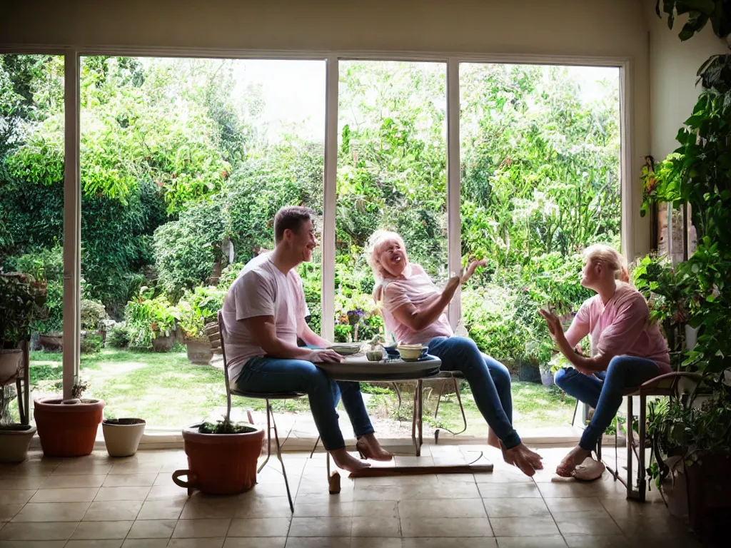 Prompt: couple sitting in garden room, wide angle, lens distortion, high contrast, cinecolor, soft lighting, multiple table fans placing around them, day light, happy mood