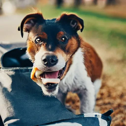 Image similar to closeup photo of cute pariah - dog eating bagles from mesh bag, shallow depth of field, cinematic, 8 0 mm, f 1. 8