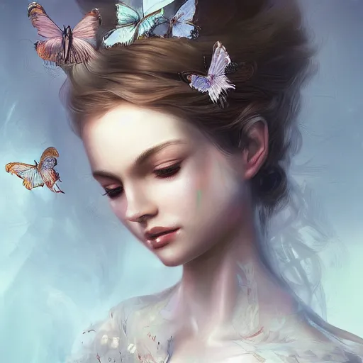 Prompt: beautiful maiden with very very very butterfly hair, intricate, elegant, highly detailed, digital painting, artstation, concept art, smooth, sharp focus, illustration, art by WlOP