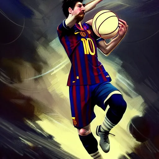 Prompt: Messi dunking a basketball, D&D, fantasy, intricate, elegant, highly detailed, digital painting, artstation, concept art, matte, sharp focus, illustration, art by Artgerm and Greg Rutkowski and Alphonse Mucha