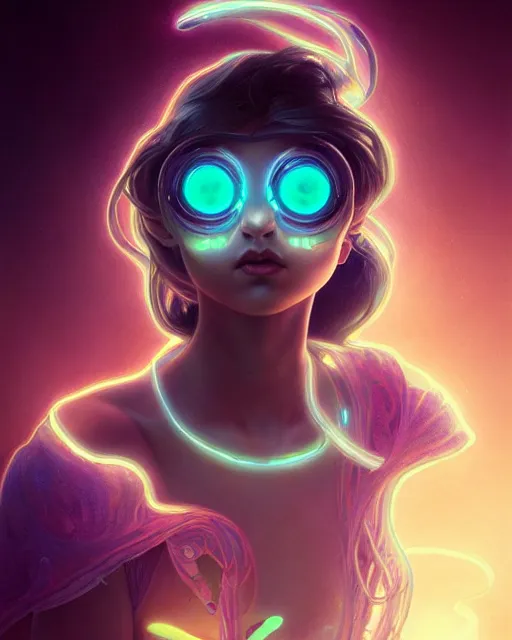 Image similar to one singular portrait of a cute bioluminescent creature with large eyes, highly detailed, digital painting, cinematic, hyper realism, dark retrowave, art by Stanley Lau and Artgerm and magali villeneuve and Alphonse Mucha, artstation, octane render, cgsociety