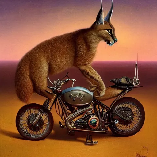 Image similar to a detailed painting of a cute caracal riding a harley davidson motorcycle. movie scene, cinematic scene, sunset, road. by beksinski and carl spitzweg and tuomas korpi. baroque elements. baroque element. intricate artwork by caravaggio. oil painting. award winning. trending on artstation. 8 k