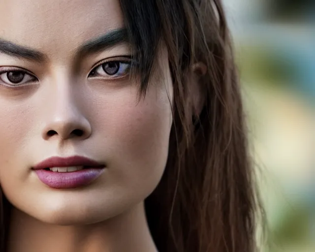 Image similar to asian margot robbie, hyper realistic face, cinematic, close - up, hyper detailed, 8 5 mm photograph, 8 k resolution, film still, sharp lens, wide lens