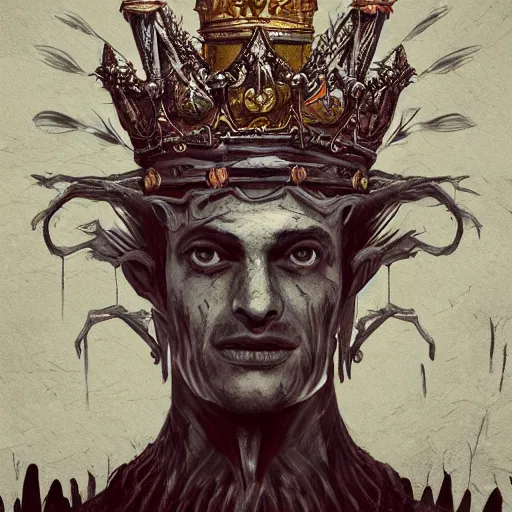 Image similar to King of Fools, With a Jesters crown, Wings lift him up, Roots hold him down, detailed intricate ink illustration, dark atmosphere, detailed illustration, hd, 4k, digital art, overdetailed art, concept art, by greg rutkowski, by loish, complementing colors, Trending on artstation, deviantart
