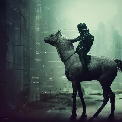 Image similar to scientific experiment in which a man gets turned into a horse with nanobots, cyberpunk, trending on artstation, atmospheric, moody, 4k, 8k,