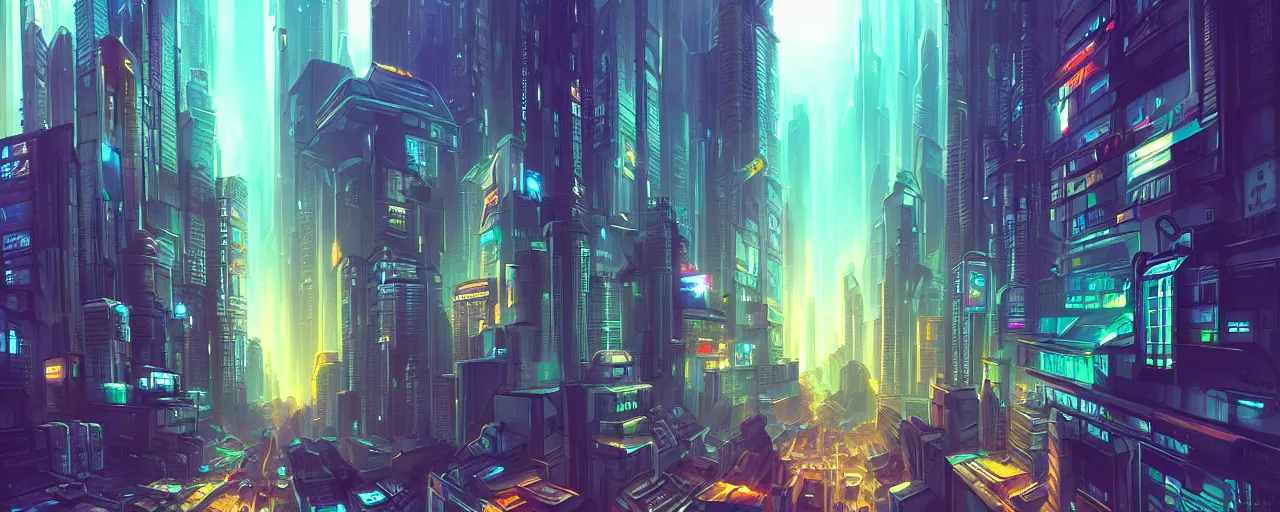 Prompt: A cyberpunk cityscape, by Cyril Rolando, landscape, dramatic lighting, high contrast colors, panoramic view, as trending on Artstation, highly detailed,
